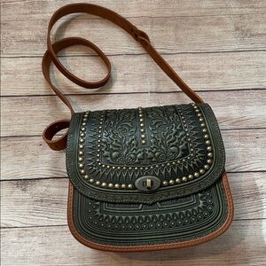 Handmade Olive Leather Crossbody Bag Tooled Oak Leaf Design Green and Brown